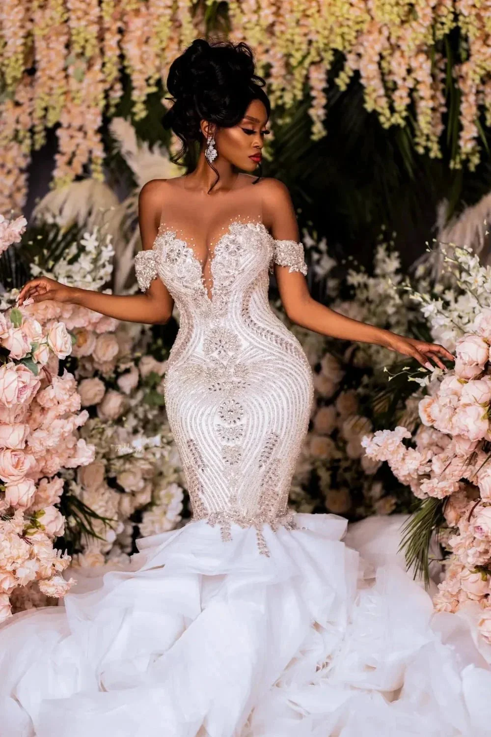 Elegant Mermaid Lace Off-The-Shoulder Sleeveless White Wedding Dresses With Beading - Image 3