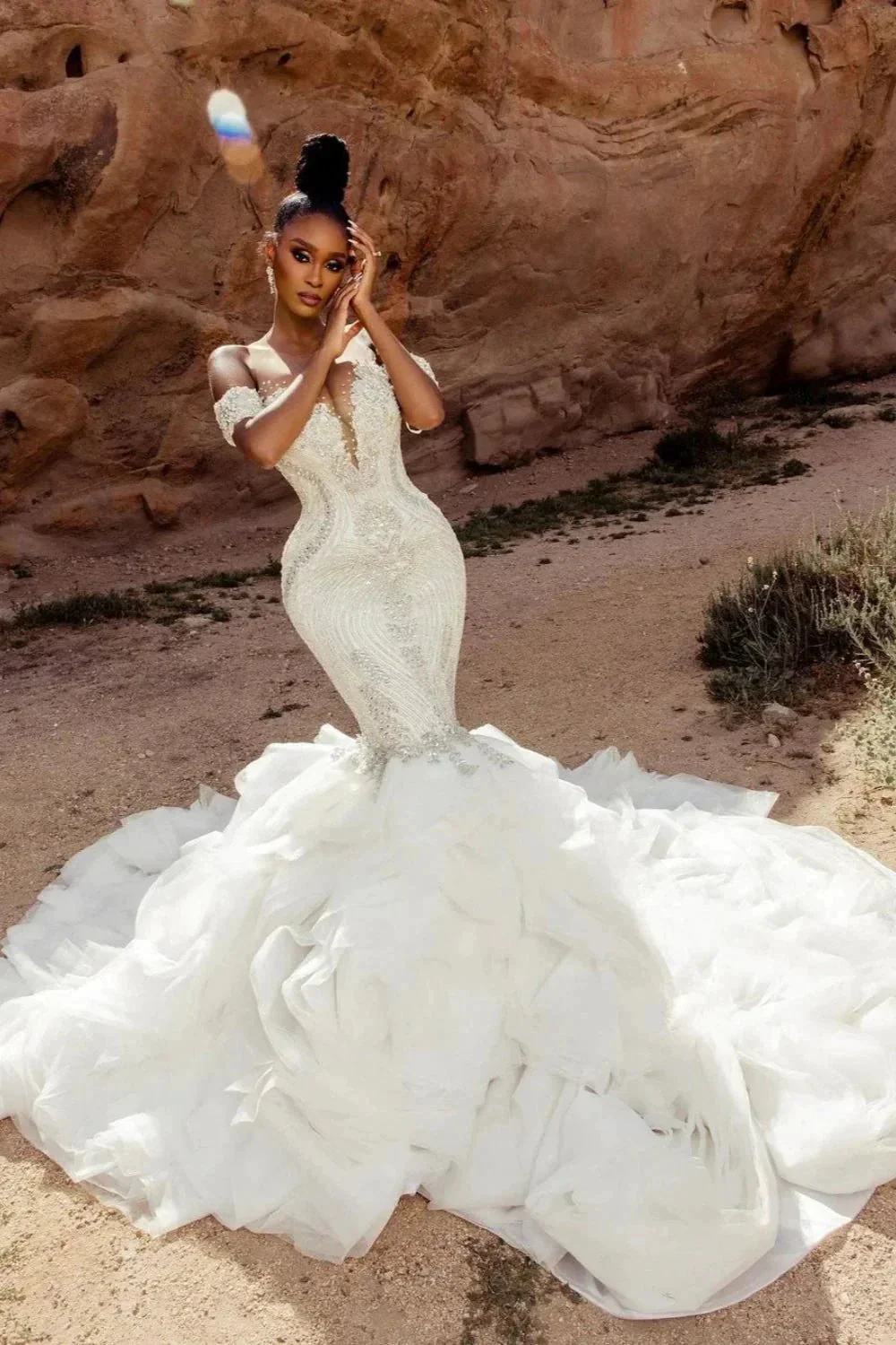 Elegant Mermaid Lace Off-The-Shoulder Sleeveless White Wedding Dresses With Beading - Image 4