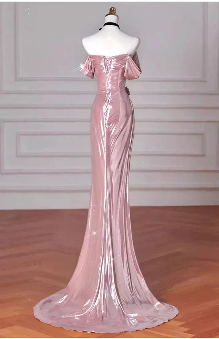 Elegant Mermaid Off Shoulder Long Prom Dress Pink Birthday Evening Dress Y8068 - Image 3