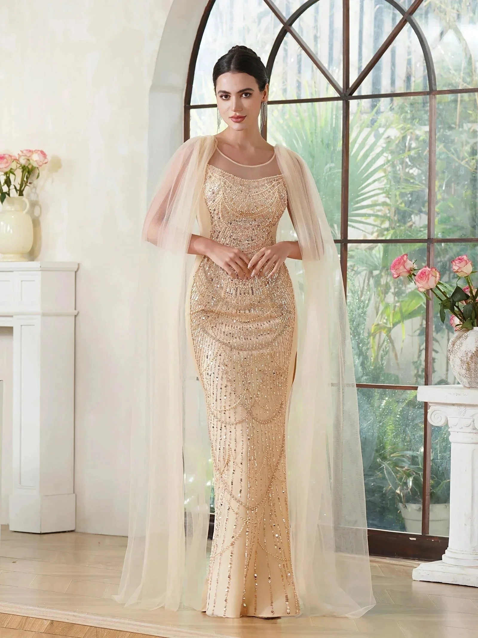 Elegant Mermaid Polyester Knitted Scoop Sleeveless Champagne Gold Prom Dress With Beading Zipper Split - Image 2
