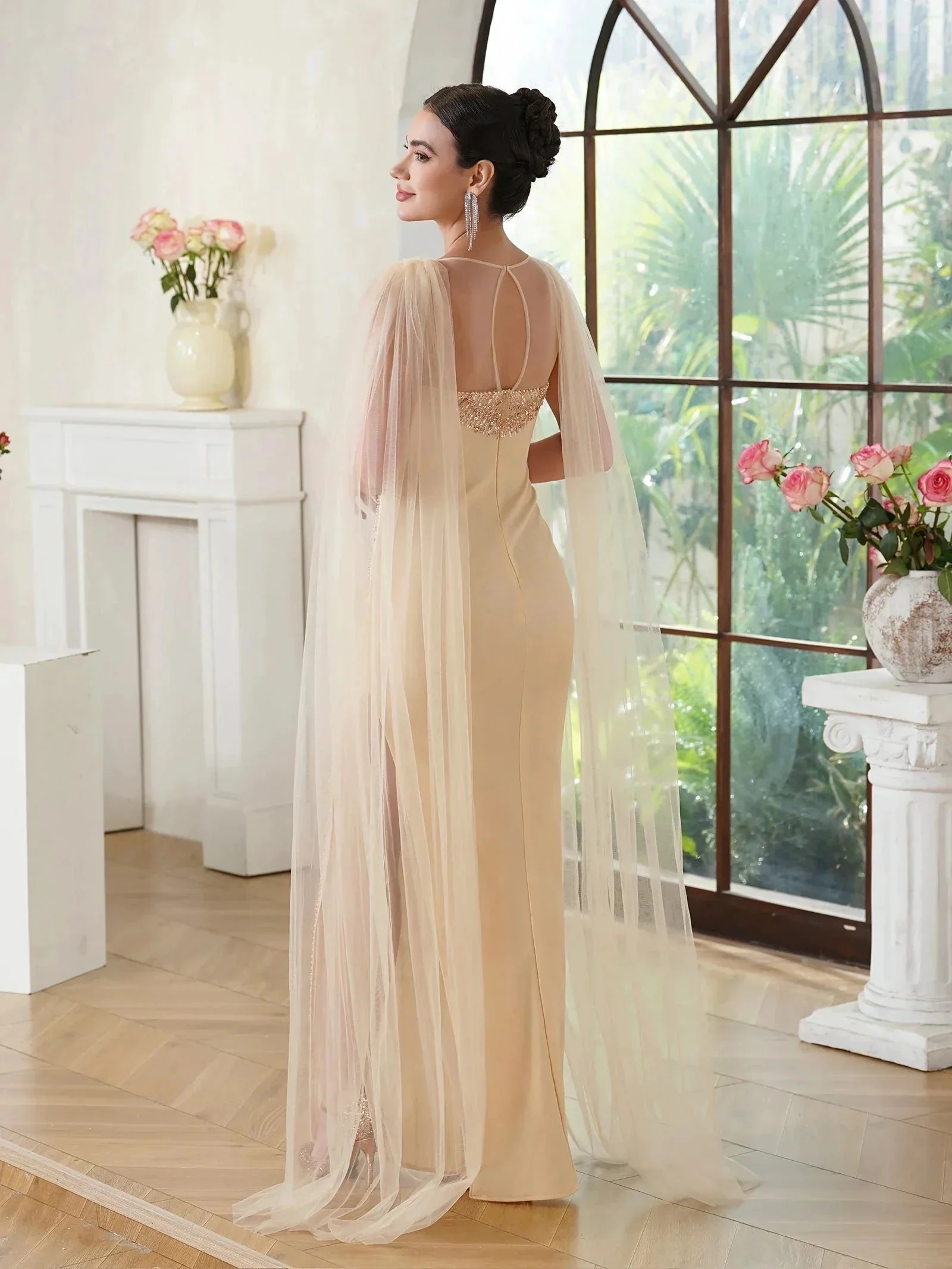 Elegant Mermaid Polyester Knitted Scoop Sleeveless Champagne Gold Prom Dress With Beading Zipper Split - Image 4