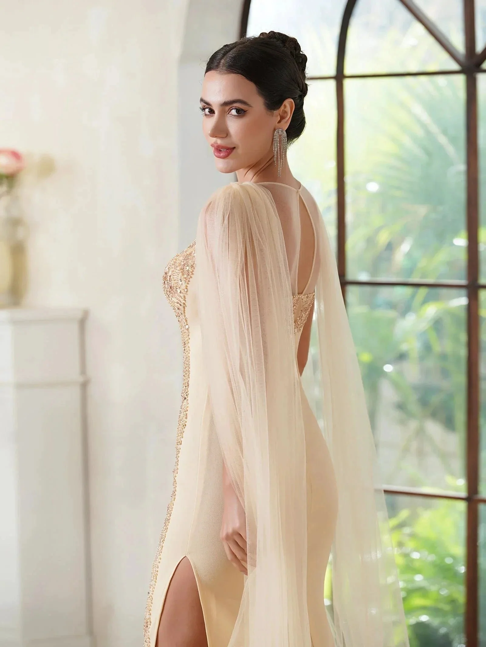 Elegant Mermaid Polyester Knitted Scoop Sleeveless Champagne Gold Prom Dress With Beading Zipper Split - Image 5