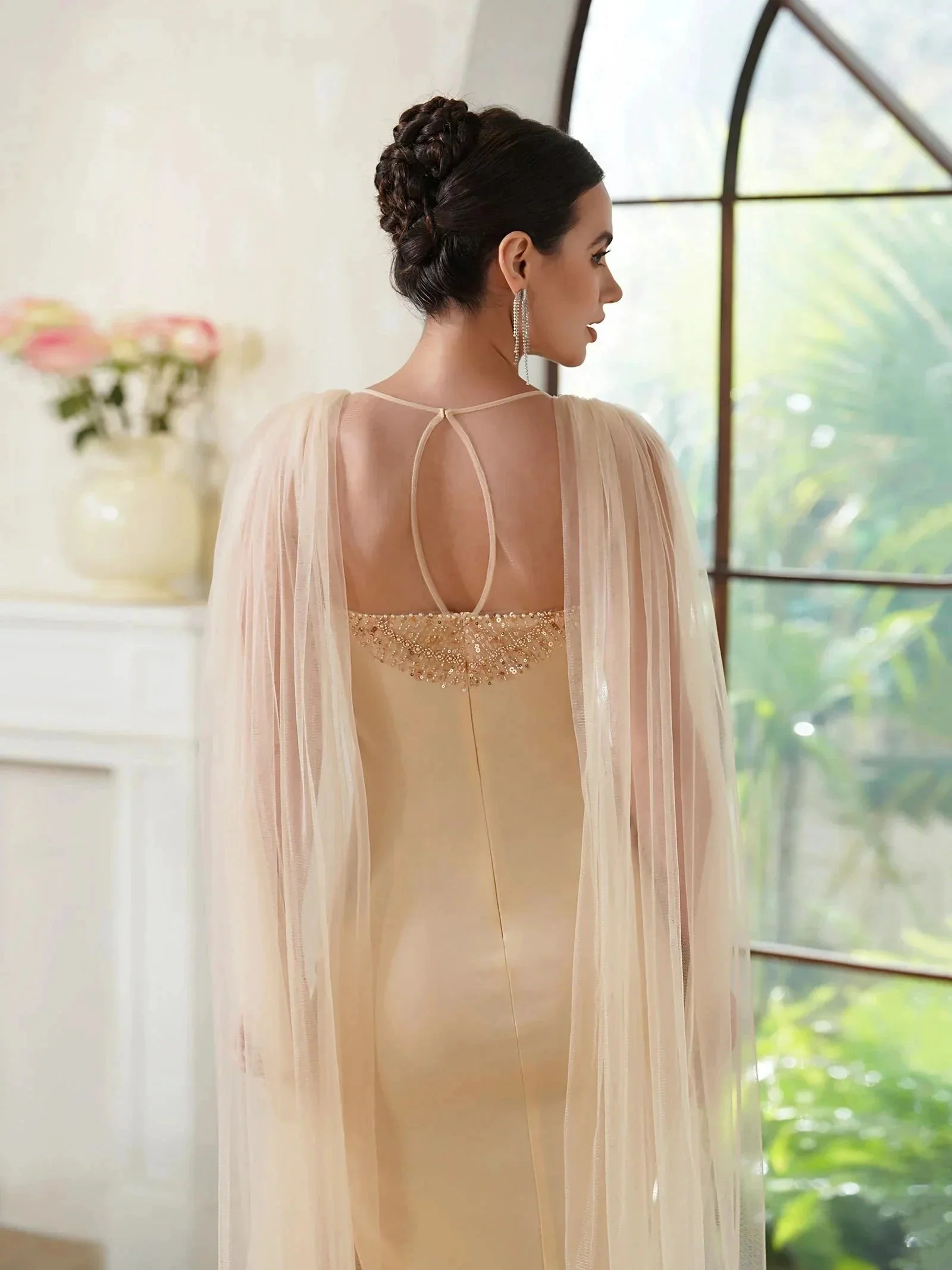 Elegant Mermaid Polyester Knitted Scoop Sleeveless Champagne Gold Prom Dress With Beading Zipper Split - Image 6