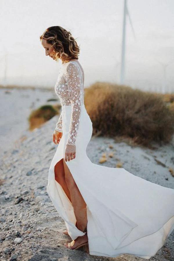 Scoop Neck Open Back Lace Long Sleeves Wedding Dresses with Split  WD473 - Image 3