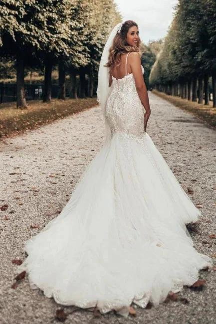 Elegant Mermaid Spaghetti Straps Backless Wedding Dresses With Lace - Image 2