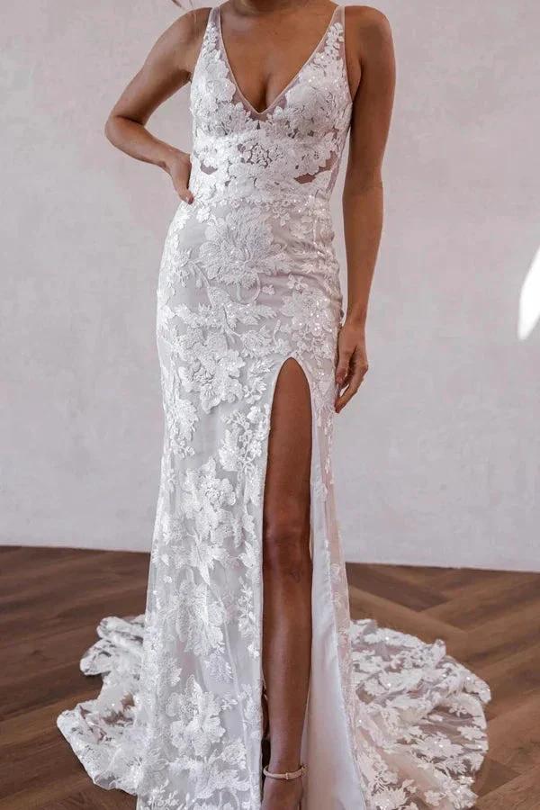 Elegant Mermaid V Neck Lace Boho Wedding Dresses with Slit WD679 - Image 2