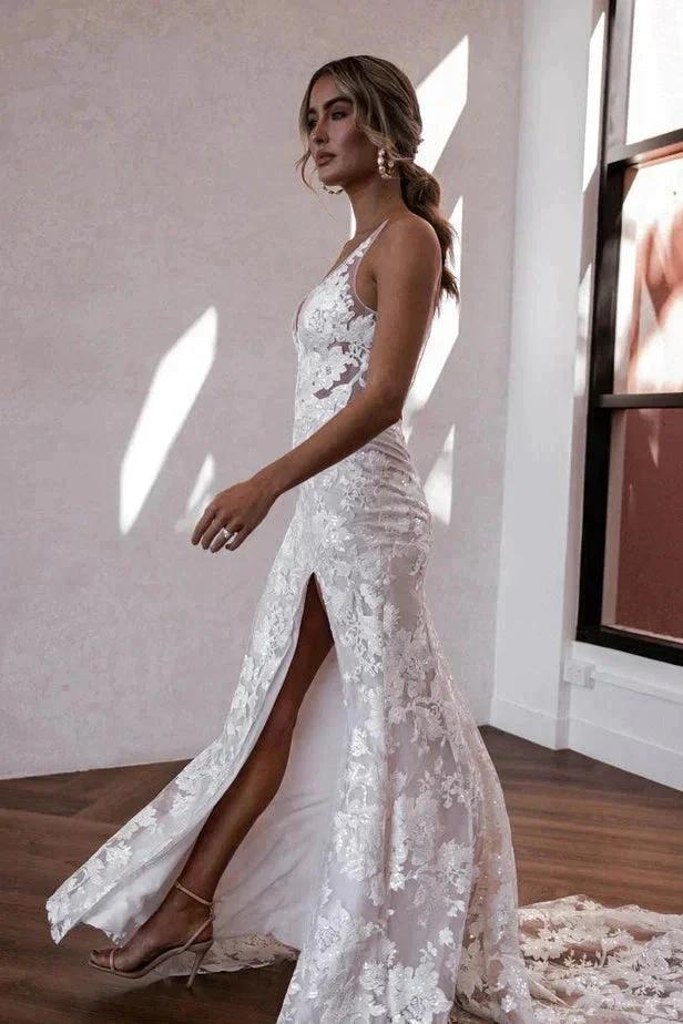 Elegant Mermaid V Neck Lace Boho Wedding Dresses with Slit WD679 - Image 3