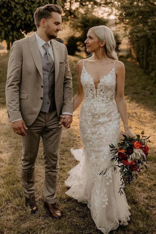 Elegant Mermaid V Neck Lace Long Wedding Dresses with Appliques WD694 - Image 2