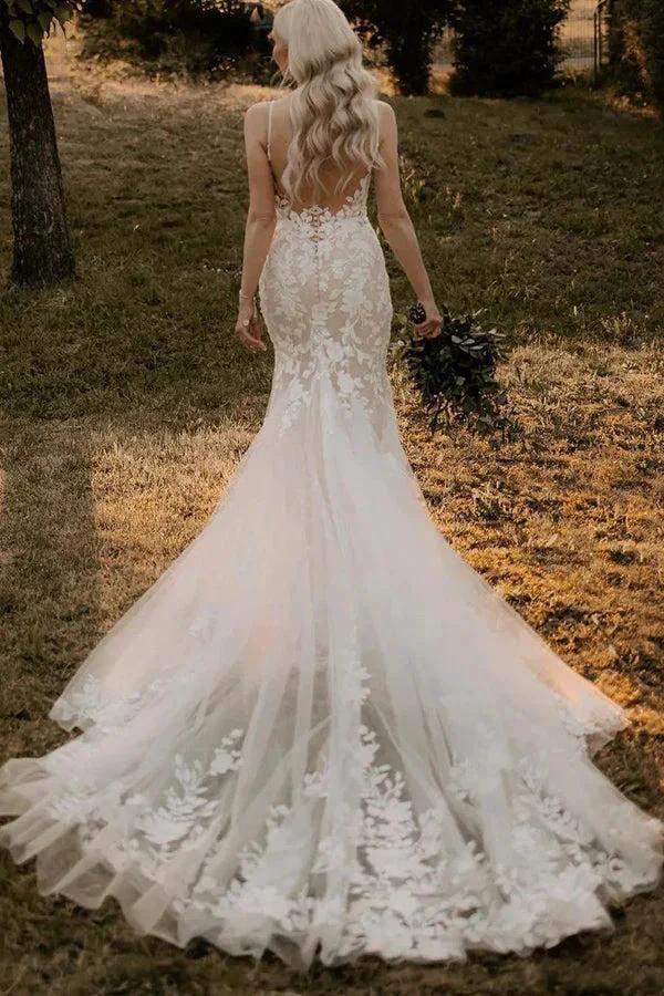 Elegant Mermaid V Neck Lace Long Wedding Dresses with Appliques WD694 - Image 3