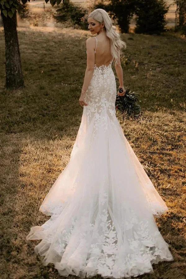 Elegant Mermaid V Neck Lace Long Wedding Dresses with Appliques WD694 - Image 4