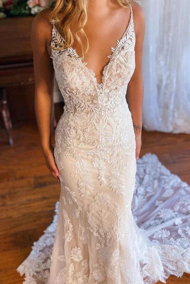 Elegant Mermaid V Neck Lace Bohemian Wedding Dresses with Court Train WD682 - Image 2