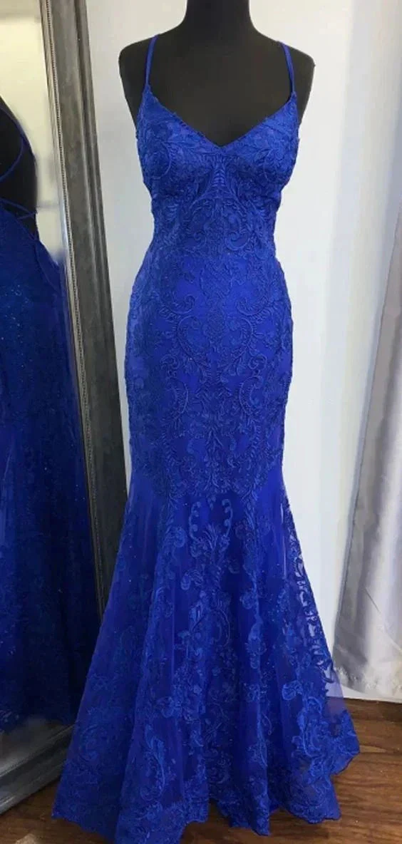 Elegant Mermaid V Neck Royal Blue Lace Evening Dress Y819 - Image 2