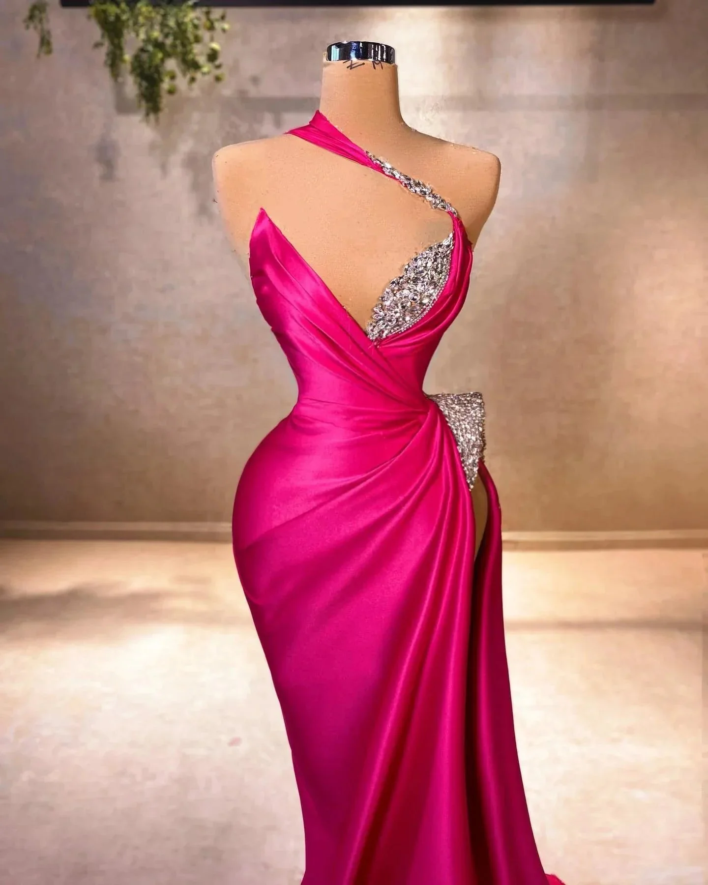 Elegant Mermaid V-neck Sleeveless Ruffles Satin Split Front Fuchsia Prom Dress - Image 2