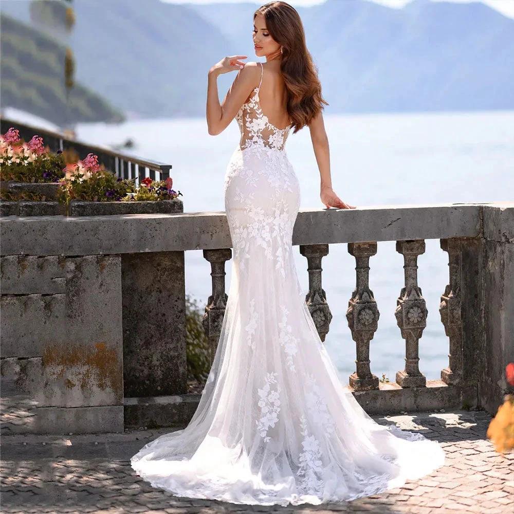 Elegant Mermaid Wedding Dress V-Neck Spaghetti Straps Lace Appliques Backless Bridal Gown Floor Length Vestidos De Novia - Image 2
