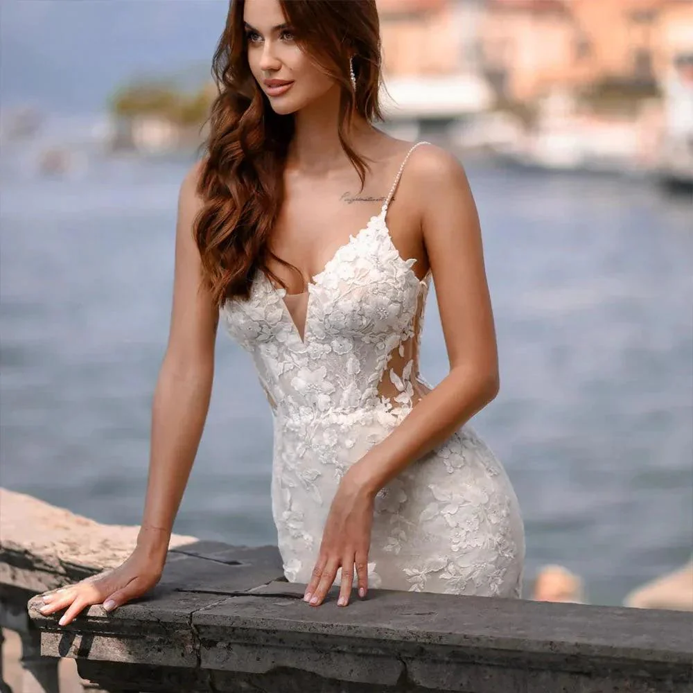 Elegant Mermaid Wedding Dress V-Neck Spaghetti Straps Lace Appliques Backless Bridal Gown Floor Length Vestidos De Novia - Image 3