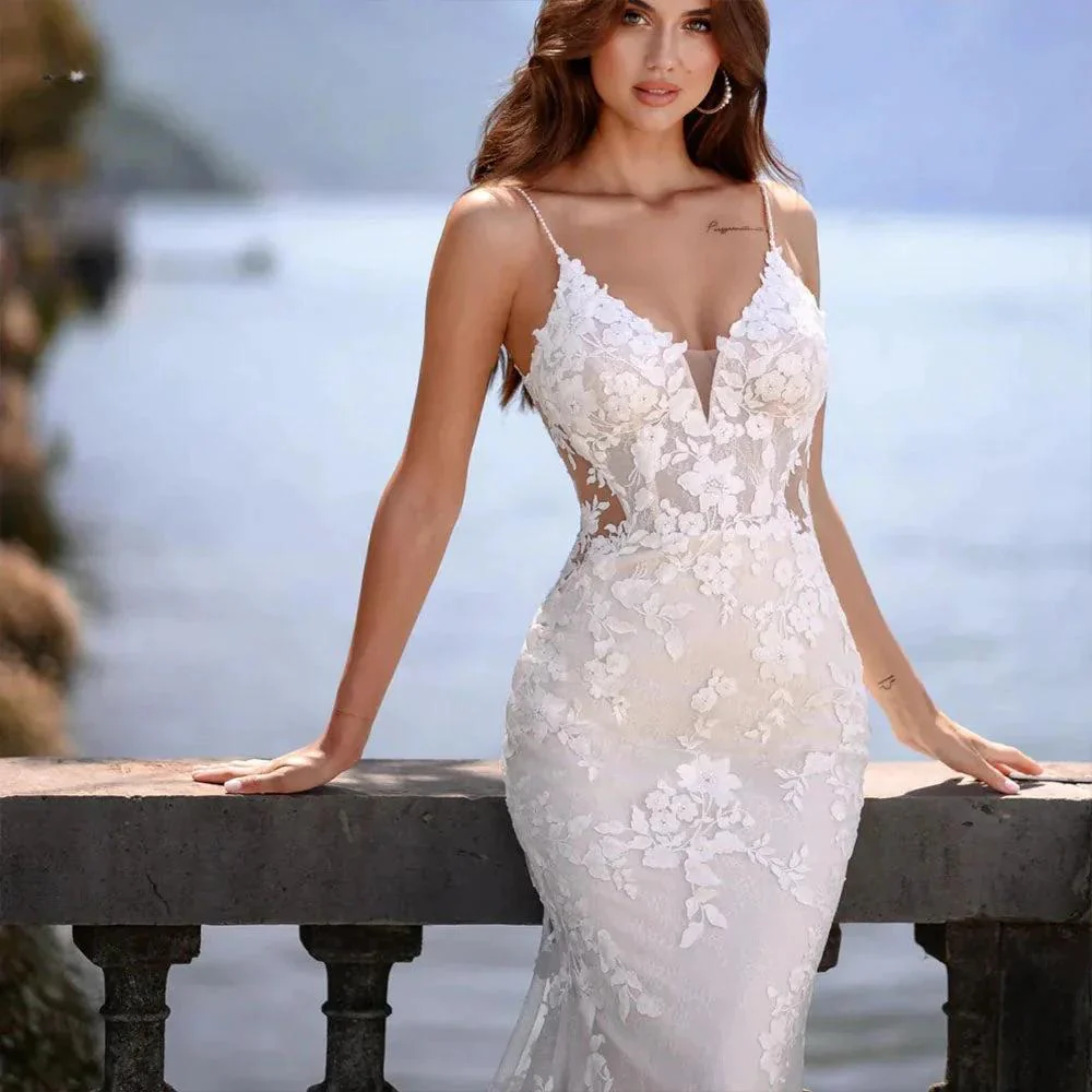 Elegant Mermaid Wedding Dress V-Neck Spaghetti Straps Lace Appliques Backless Bridal Gown Floor Length Vestidos De Novia - Image 4