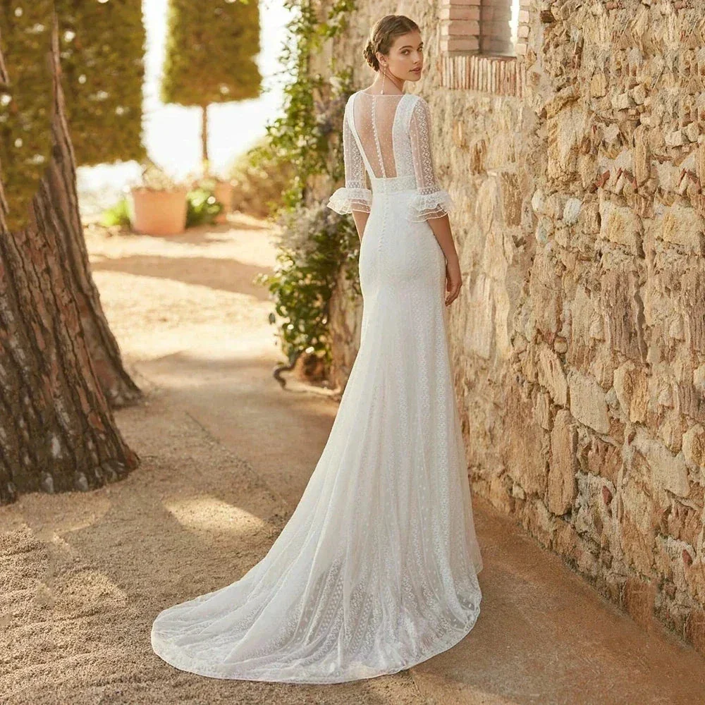 Elegant Mermaid Wedding Dresses Lace Bohemia Sexy Deep V-Neck Half Sleeve Bridal Gowns Pearl Button Formal Beach Party Robe Tull - Image 2