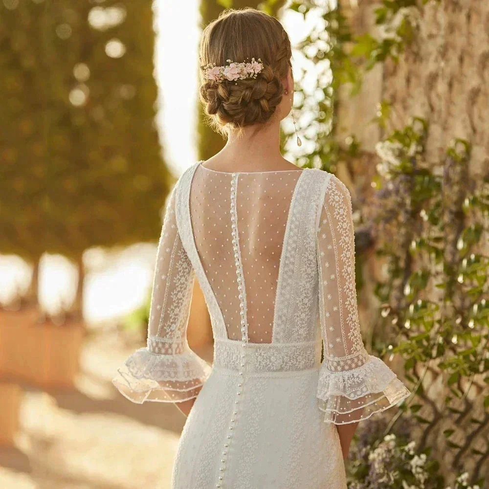 Elegant Mermaid Wedding Dresses Lace Bohemia Sexy Deep V-Neck Half Sleeve Bridal Gowns Pearl Button Formal Beach Party Robe Tull - Image 3