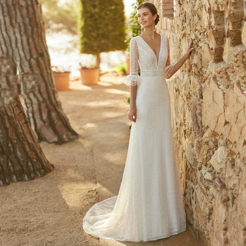 Elegant Mermaid Wedding Dresses Lace Bohemia Sexy Deep V-Neck Half Sleeve Bridal Gowns Pearl Button Formal Beach Party Robe Tull - Image 4