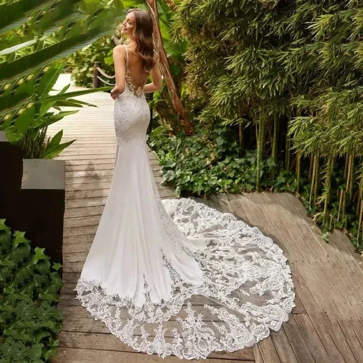 Elegant Mermaid Wedding Dresses White V-Neck Lace Open Back Spaghetti Straps Bridal Gown Sweep Train Vestidos De Novia - Image 2