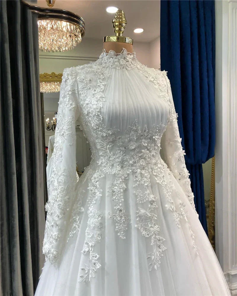 Elegant Muslim Wedding Dress For Bride Appliques Flowers Arabic Dubai Long Sleeves Bridal Dress Y4444 - Image 2