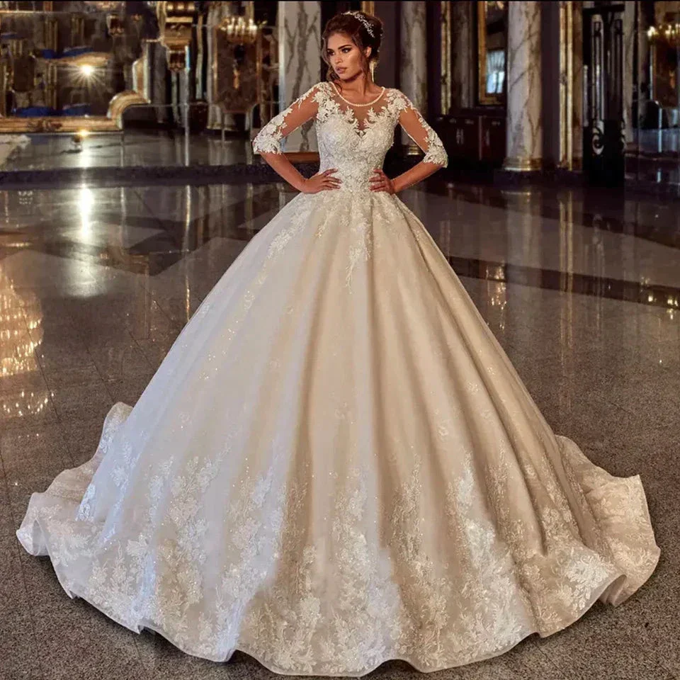 Elegant O-Neck Pearls Lace Appliques Ball Gown Wedding Dress 2023 Half Sleeves Bridal Gown Tulle Lace Up Robe De Mariée - Image 2