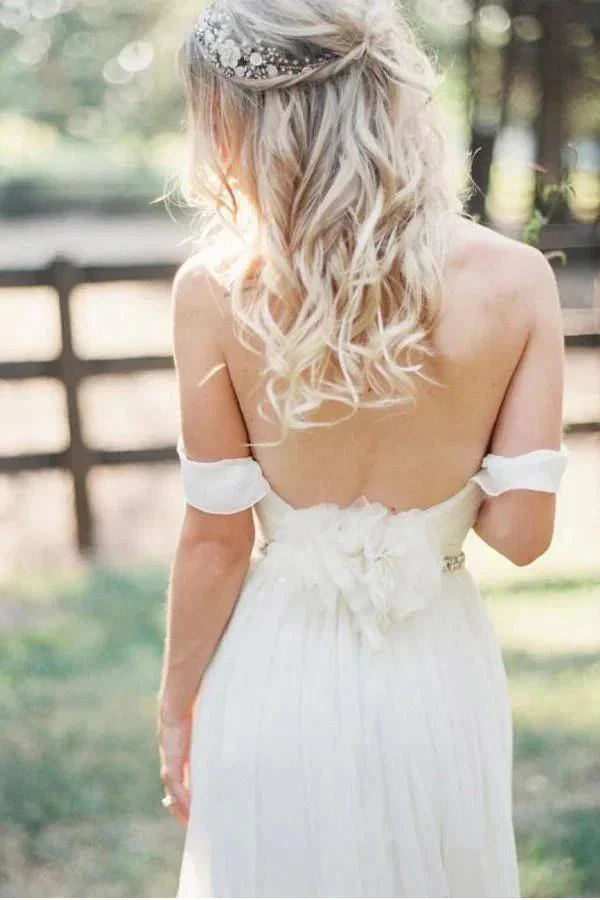 Elegant Off-shoulder Beading Sash Long Chiffon Wedding Dress WD109 - Image 3