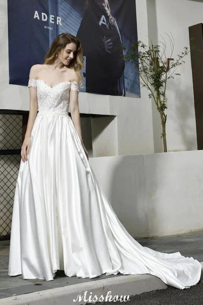 Elegant Off Shoulder Satin Floor Length Bridal Gown Sweetheart Floral Lace Aline Wedding Dress - Image 10