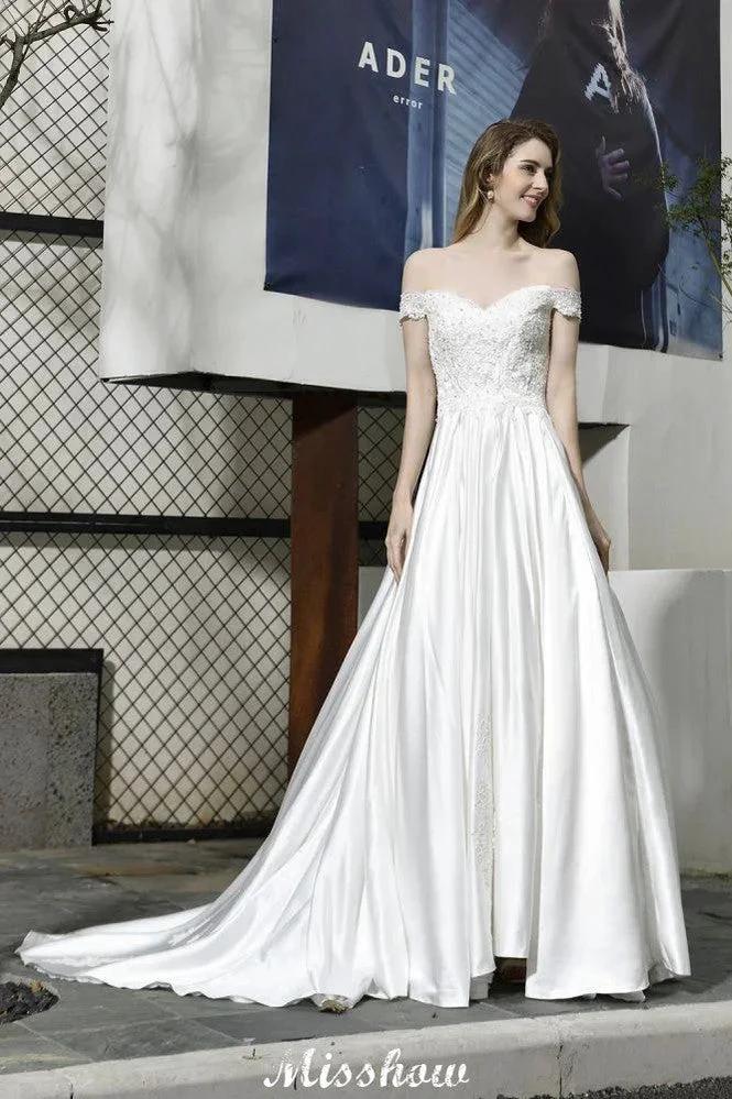 Elegant Off Shoulder Satin Floor Length Bridal Gown Sweetheart Floral Lace Aline Wedding Dress - Image 2