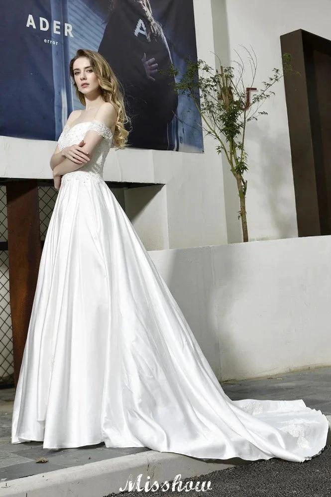 Elegant Off Shoulder Satin Floor Length Bridal Gown Sweetheart Floral Lace Aline Wedding Dress - Image 3