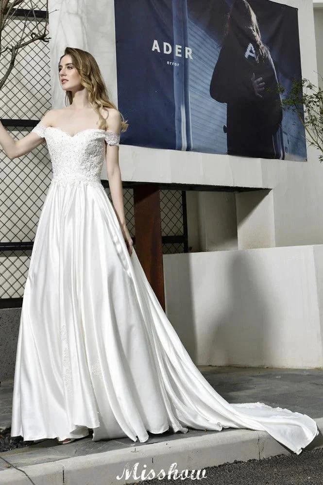Elegant Off Shoulder Satin Floor Length Bridal Gown Sweetheart Floral Lace Aline Wedding Dress - Image 4