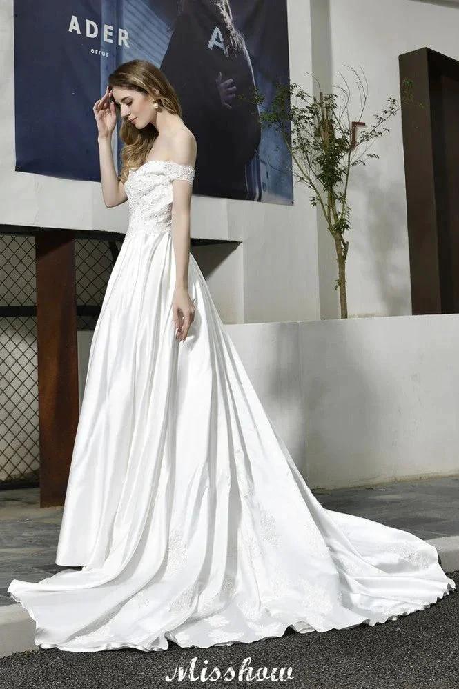 Elegant Off Shoulder Satin Floor Length Bridal Gown Sweetheart Floral Lace Aline Wedding Dress - Image 5