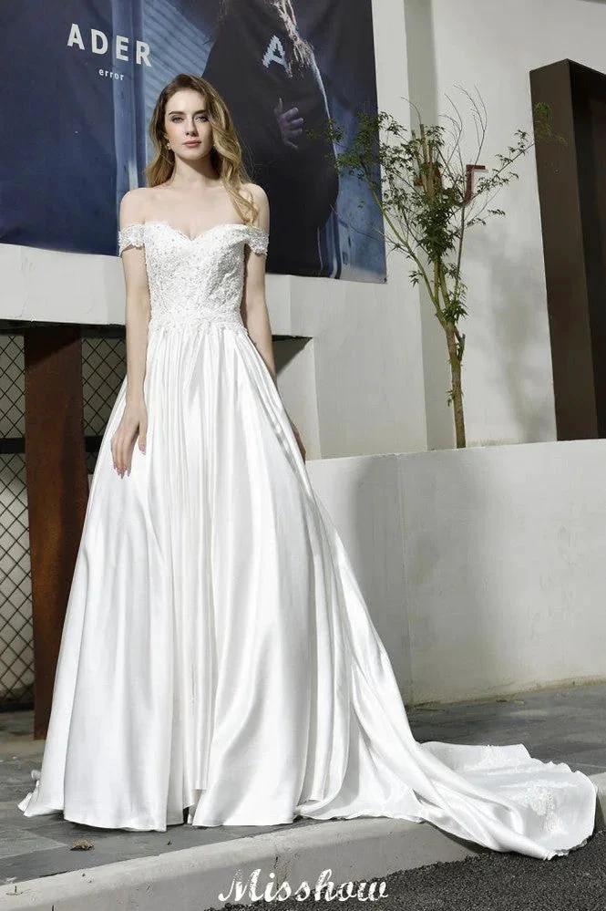 Elegant Off Shoulder Satin Floor Length Bridal Gown Sweetheart Floral Lace Aline Wedding Dress - Image 6