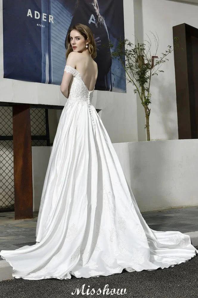 Elegant Off Shoulder Satin Floor Length Bridal Gown Sweetheart Floral Lace Aline Wedding Dress - Image 8