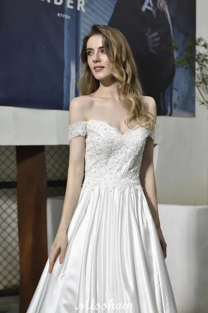 Elegant Off Shoulder Satin Floor Length Bridal Gown Sweetheart Floral Lace Aline Wedding Dress - Image 9