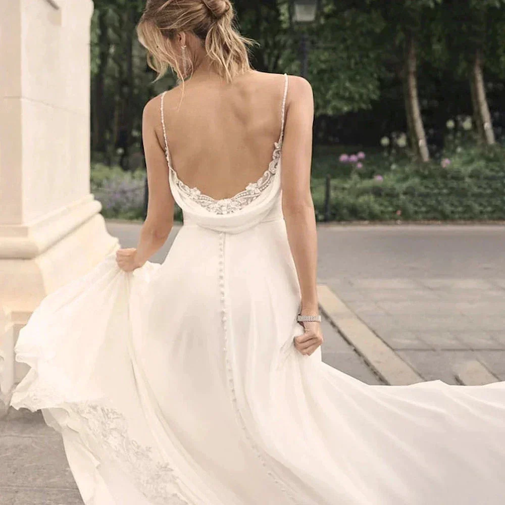 Elegant Off Shoulder Sleeveless Mopping Backless Wedding Dresses For Women Spaghetti Straps Bride Gown Appliques Backless Bridal - Image 4