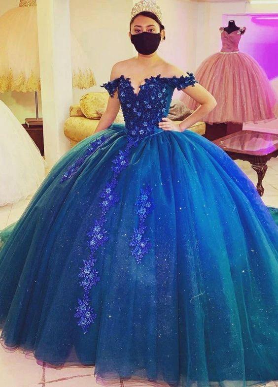 Elegant Off The Shoulder Blue Ball Gown,Princess Dress Y1085 - Image 2