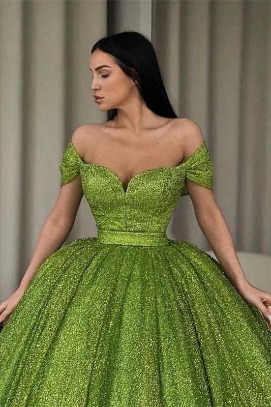 Elegant Off-the-Shoulder Green A-line Sequined Prom Dress - Image 2