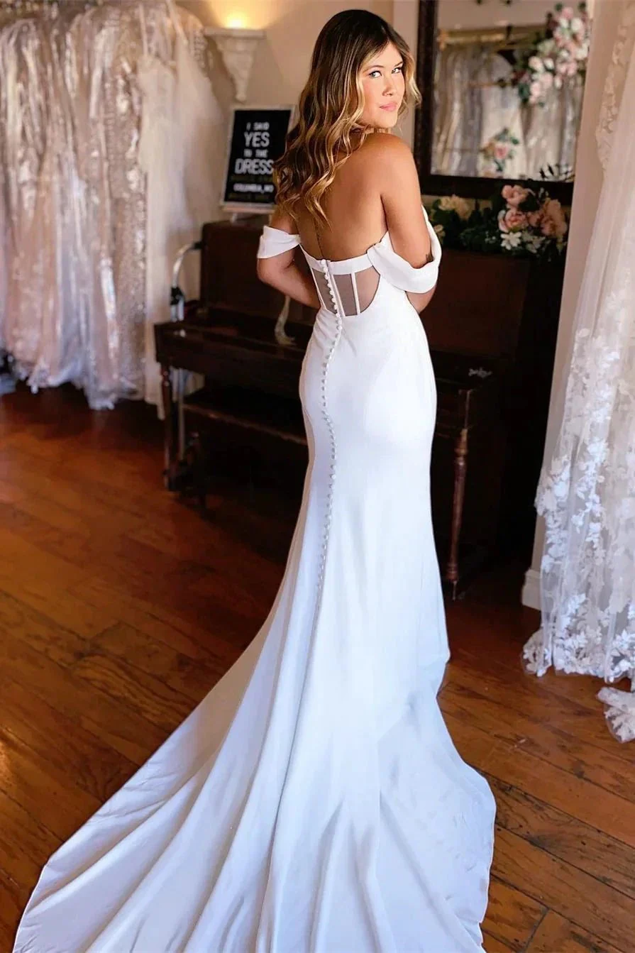 Elegant Off-the-shoulder Mermaid Satin Backless Wedding Dress With Train - Image 2