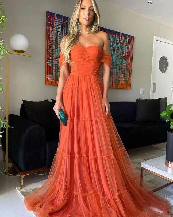 Elegant Off The Shoulder Orange Tulle Long Evening Dresses Y1059 - Image 2