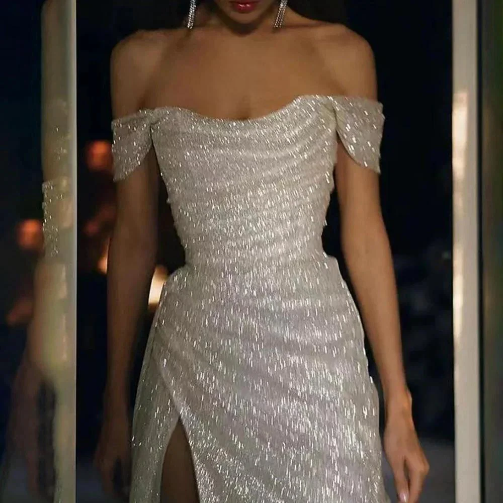 Elegant Off-the-shoulder Sleeveless A-line Sequined Wedding Dress With Slit - Image 2