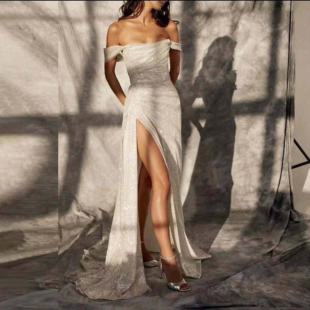 Elegant Off-the-shoulder Sleeveless A-line Sequined Wedding Dress With Slit - Image 4