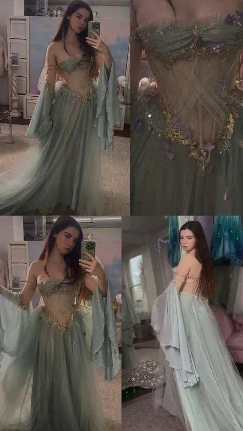 Elegant Off The Shoulder Tulle Appliques Evening Dress A Line Long Prom Dress Y8184 - Image 2