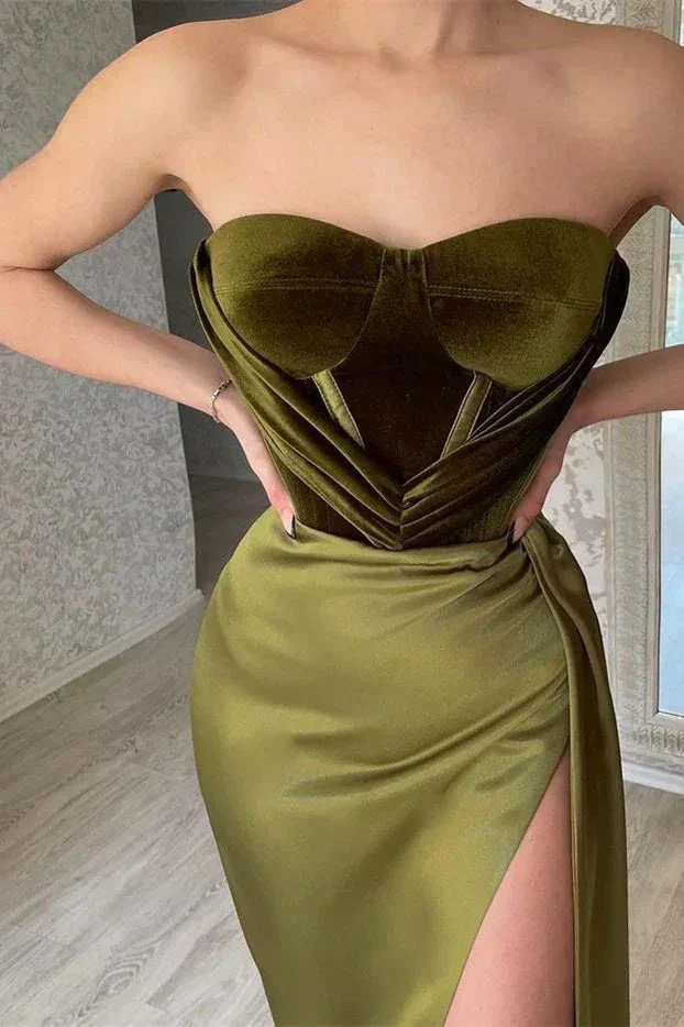 Elegant Olive Green Strapless Mermaid Velvet Bustier Prom Dresses Modest Evening Dress  Y377 - Image 2
