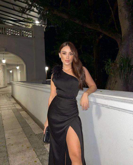 Elegant One Shoulder Black Satin Long Evening Dress With Side Slit Reception Dress Y1058 - Image 2