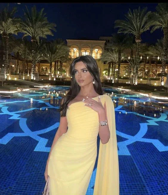 Elegant One Shoulder Chiffon Long Prom Dress Yellow Evening Dress Y7524 - Image 2
