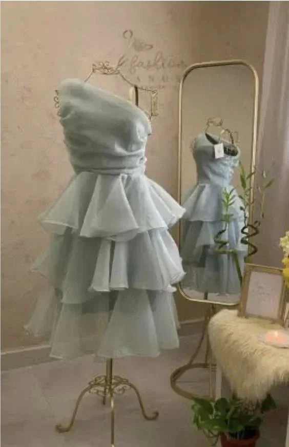 Elegant One Shoulder Homecoming Dress Blue A Line Mini Party Dress Y7665 - Image 3