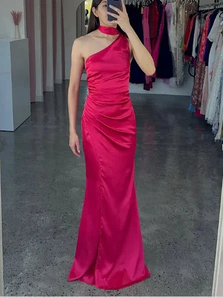 Elegant One Shoulder Hot Pink Satin Sheath Prom Dress Long Evening Dress Y8419 - Image 2