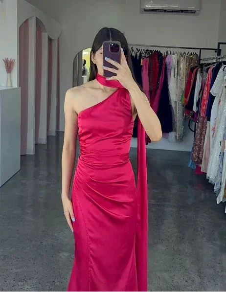 Elegant One Shoulder Hot Pink Satin Sheath Prom Dress Long Evening Dress Y8419 - Image 3