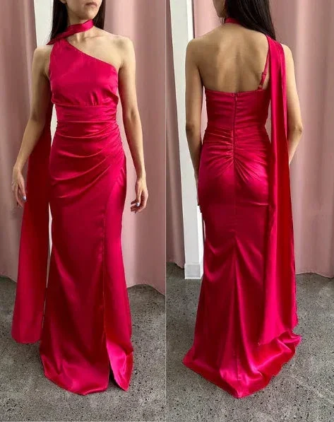 Elegant One Shoulder Hot Pink Satin Sheath Prom Dress Long Evening Dress Y8419 - Image 4